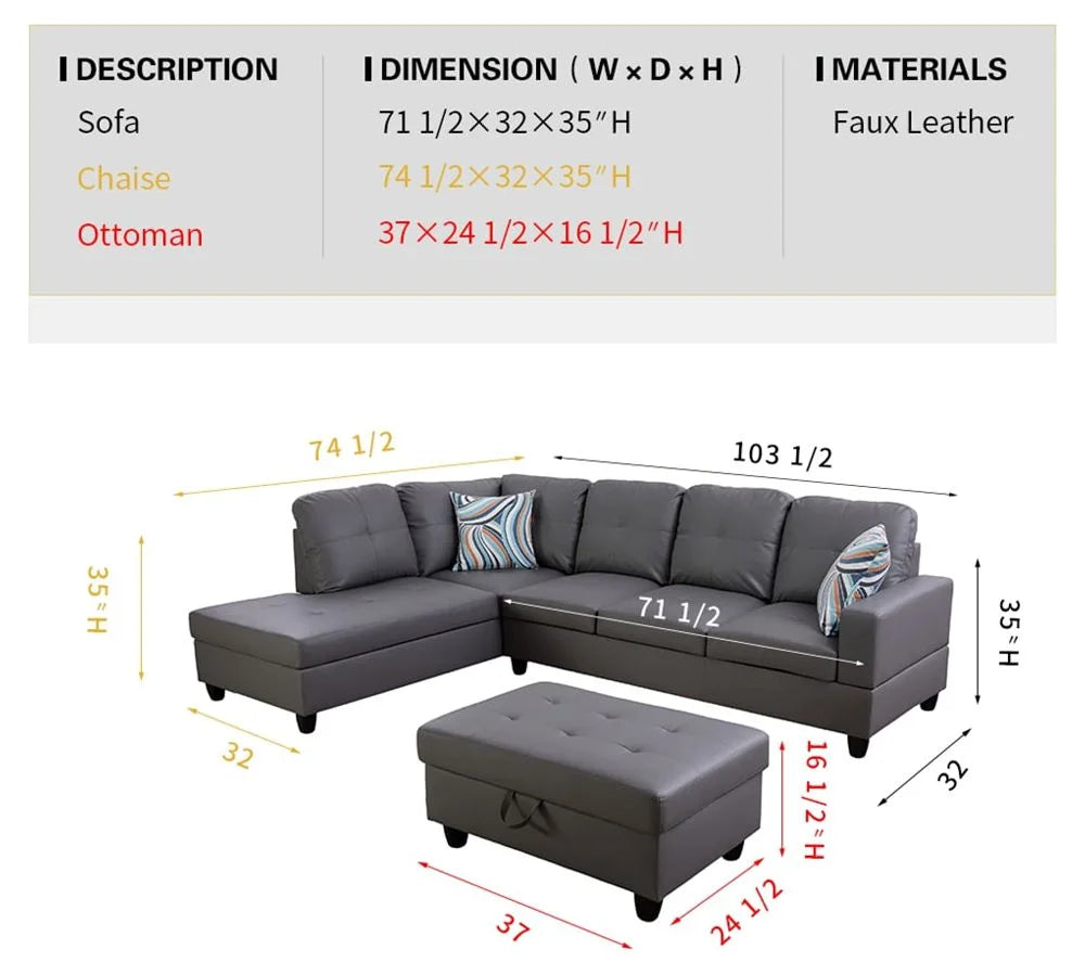 Dark Grey Faux Leather Sectional with Ottoman J8670