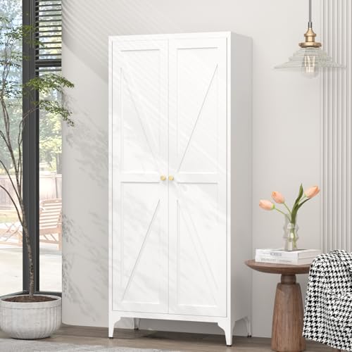 White Metal Tall Kitchen Pantry Cabinet with Doors and Adjustable Shelves V5515