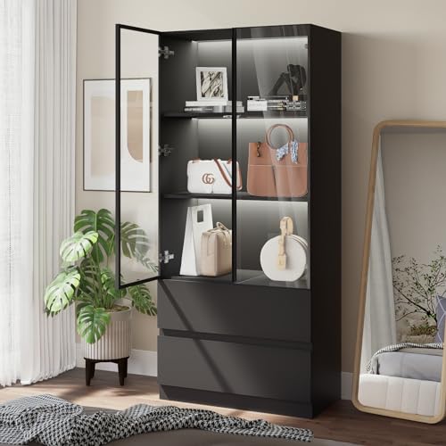 Glass Display Cabinet with LED Lights, 3-Tier Shelves and 2 Drawers X216489