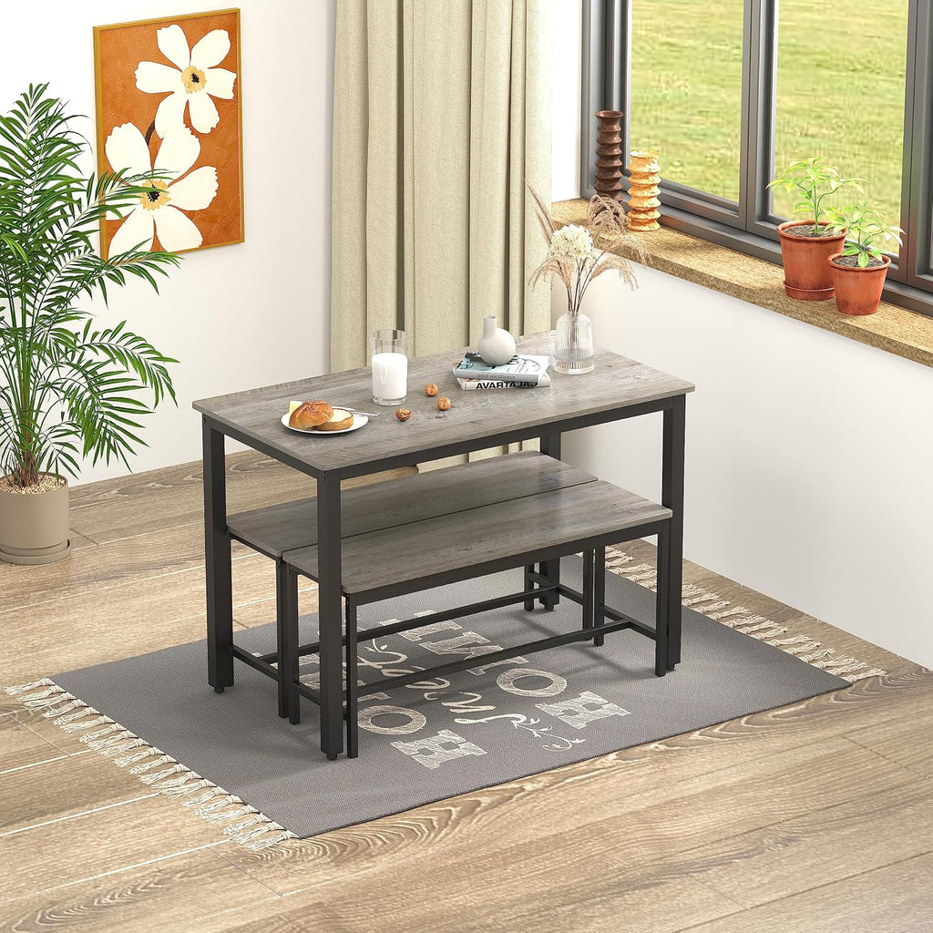 Gray and Black 3-Piece Dining Furniture Set with 2 Benches and Dining Table H349228