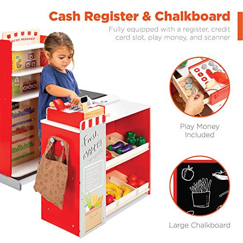 Red Wooden Supermarket Toy Set with Play Food, Cash Register, Conveyor F303776