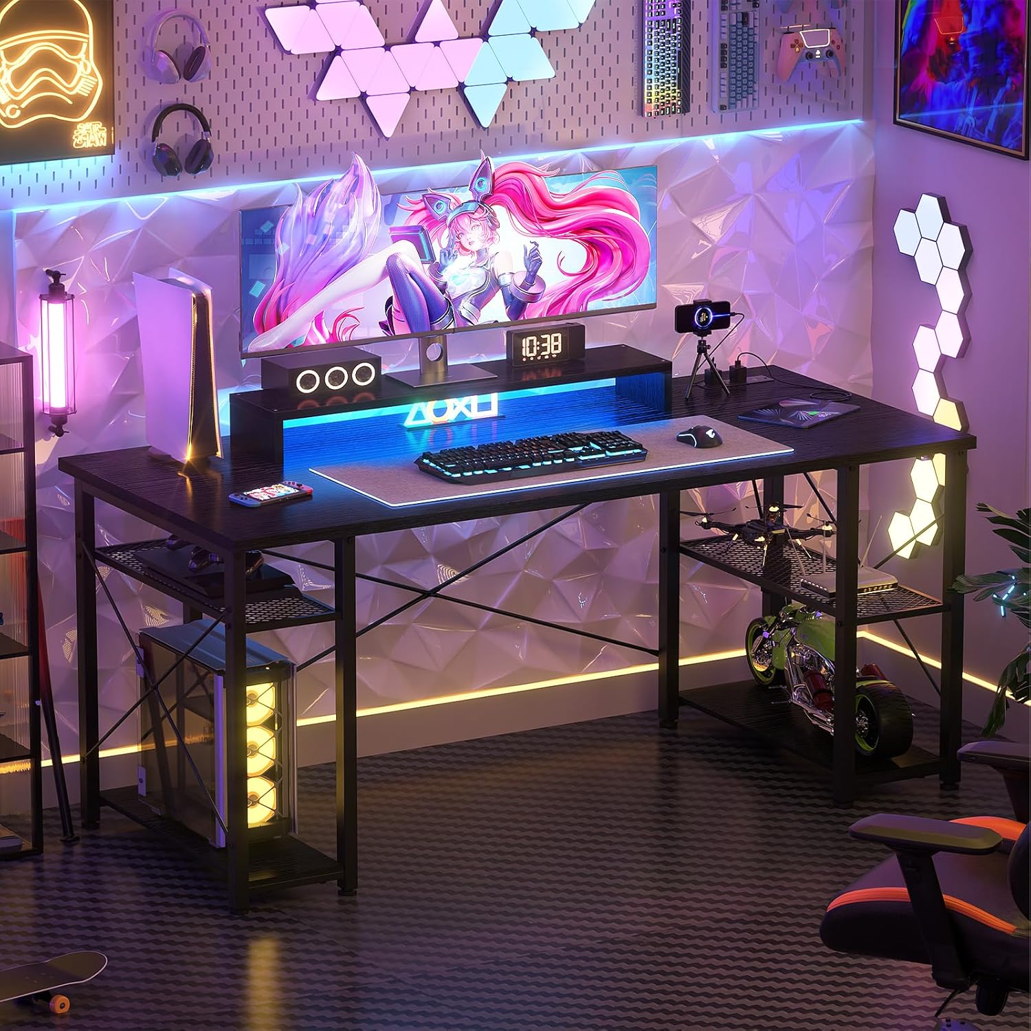Black 55 Inch Gaming Desk with LED Lights and Power Outlet K7683