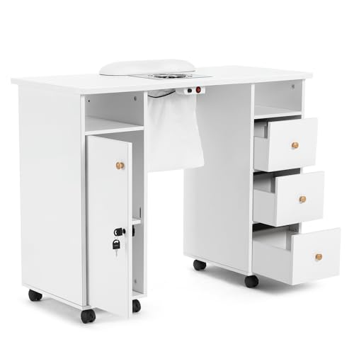 White Manicure Table with Storage Drawers and Lockable Wheels Q733512