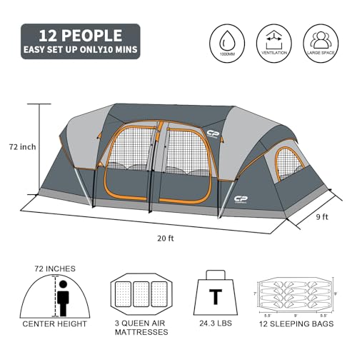 12-Person 3 Room Waterproof Windproof Family Tent with Carry Bag M836
