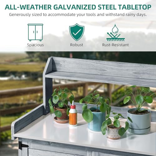Solid Wood Potting Bench Table with Folding Pallet and Metal Tabletop, Grey J456210