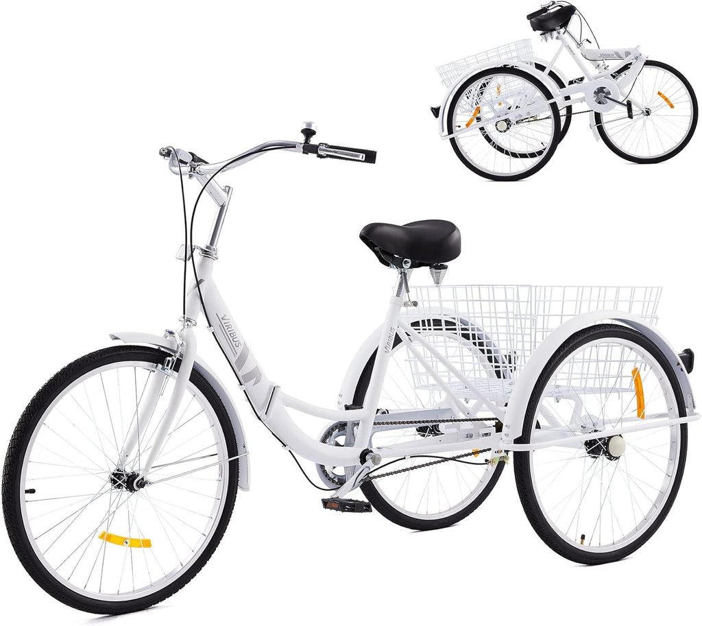 26 Adult Folding Tricycle 1 Speed High Carbon Steel Three Wheeled Trike with Large Rear Basket Adjustable Spring Saddle Rubber Tires Bell Reflectors K453