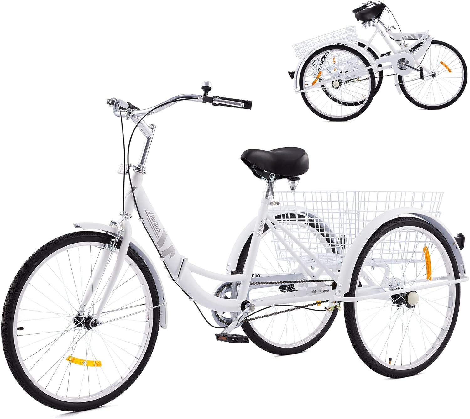 26 Adult Folding Tricycle 1 Speed High Carbon Steel Three Wheeled Trike with Large Rear Basket Adjustable Spring Saddle Rubber Tires Bell Reflectors K453