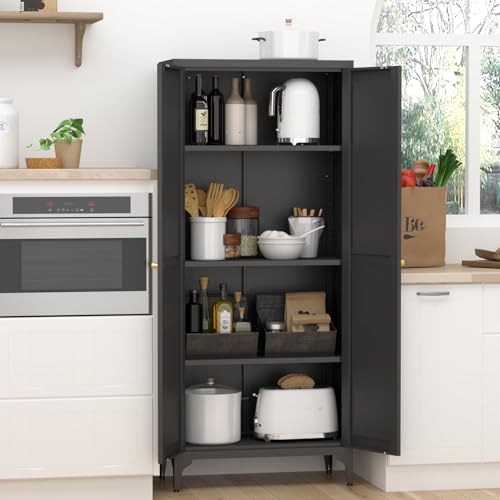 White Metal Tall Kitchen Pantry Cabinet with Doors and Adjustable Shelves V5515