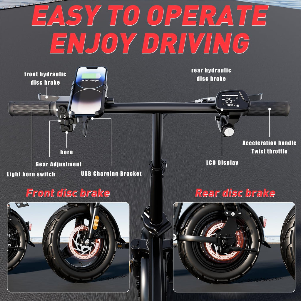 14" Folding Electric Commuting Bike with 1000W Brushless Motor, 48V 20Ah Removable Battery W7086