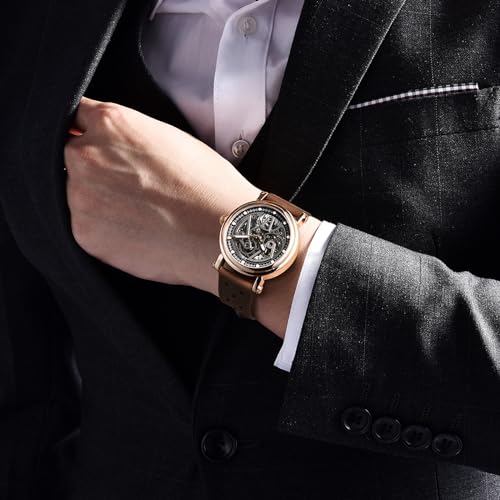 Black Skeleton Dial 50M Waterproof Leather Mechanical Watch Q933693