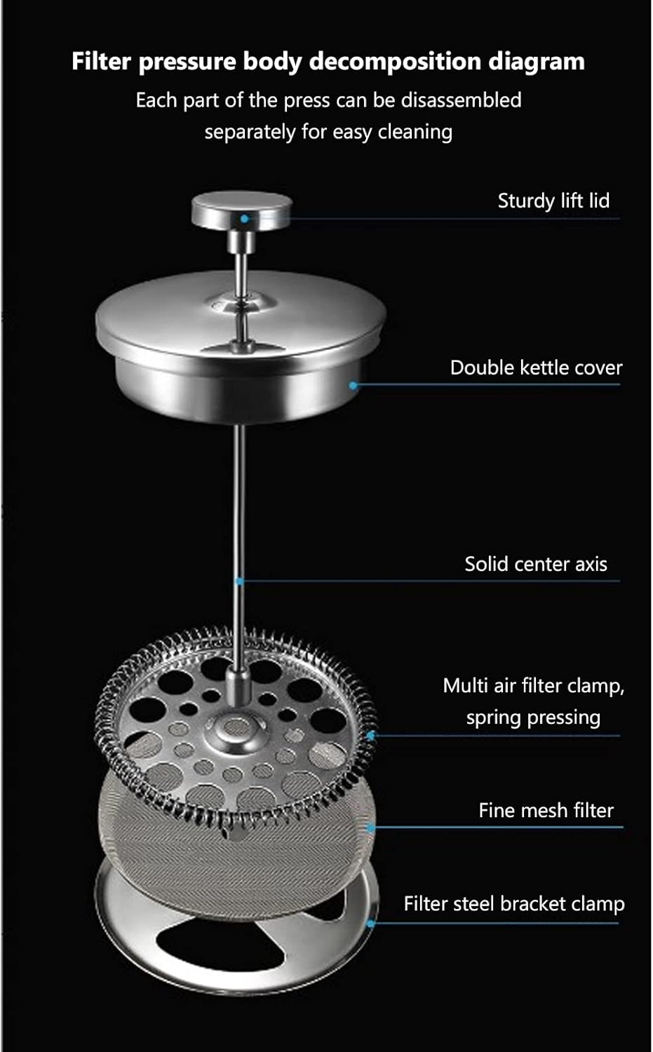 Silver Stainless Steel French Press Coffee Maker 800ML P163