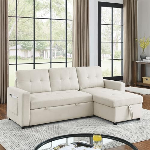 Light Gray Chenille Reversible Sleeper Sectional Sofa with Storage Chaise X115