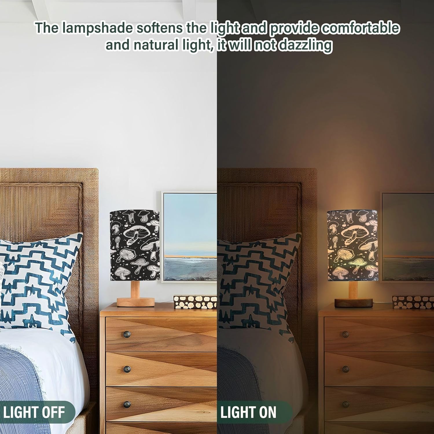 Black White Mushroom Bedside Table Lamp with USB Port Wood Base Round Flaxen Fabric Shade B467721