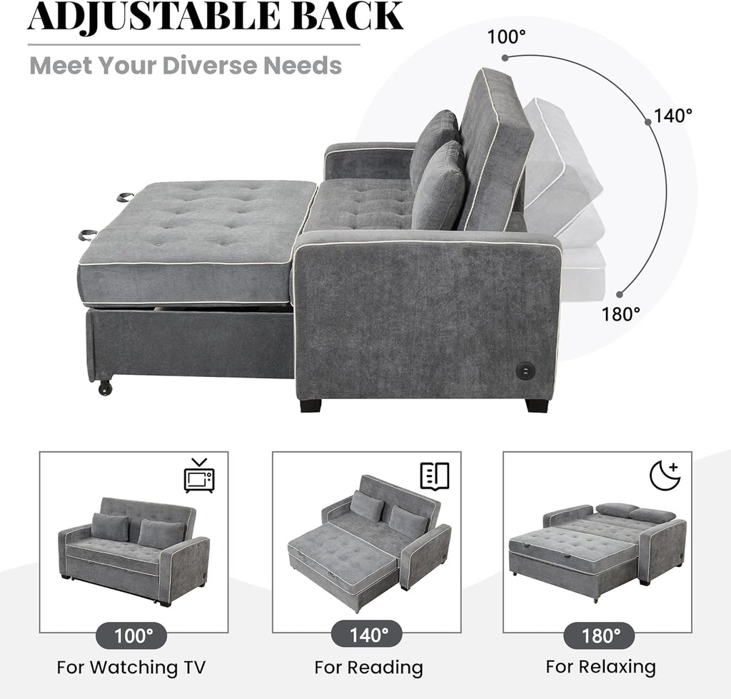 Linen Upholstered Convertible Sofa Bed with USB Charging Port J4263