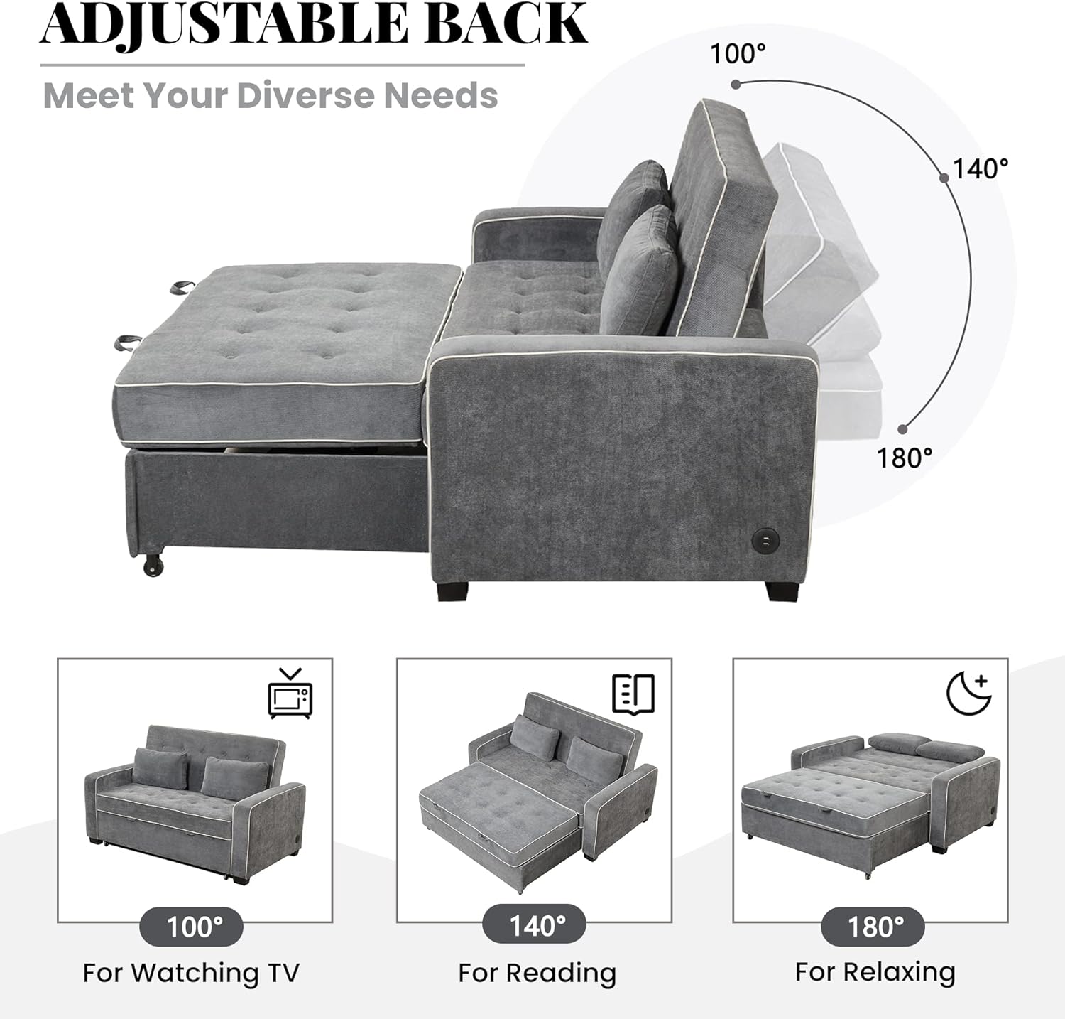 Linen Upholstered Convertible Sofa Bed with USB Charging Port J4263