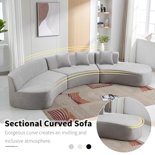Grey Chenille Curved Sofa Sectional with Three Throw Pillows C11439