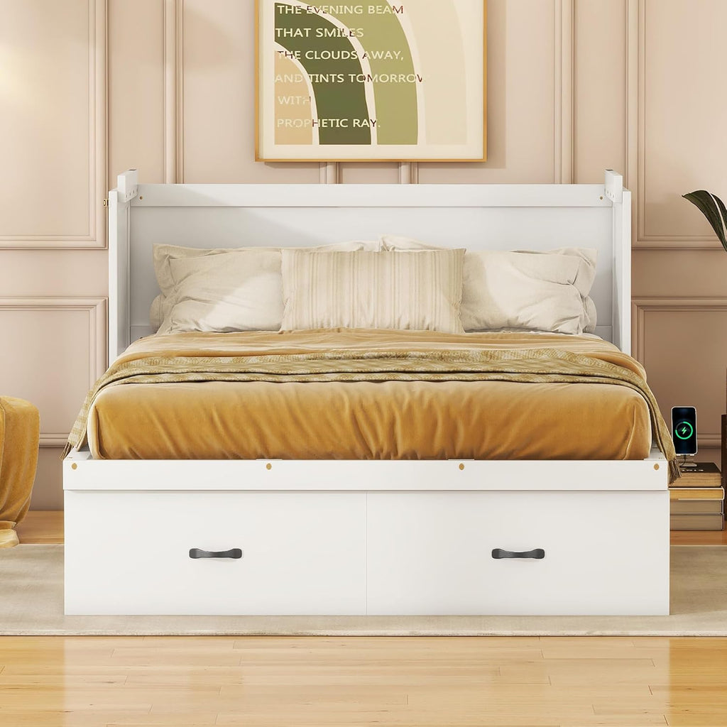 White Full Size Wood Murphy Bed with Storage Drawer C562314