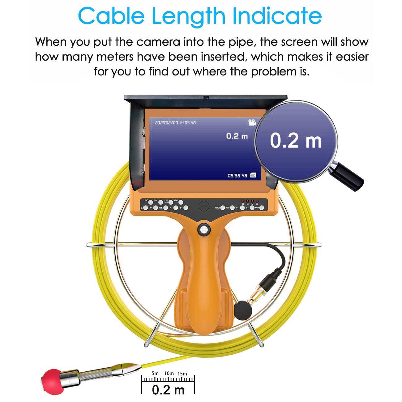 IP68 Waterproof Pipe Inspection Camera with 7TFT Monitor 20M/65ft W860389