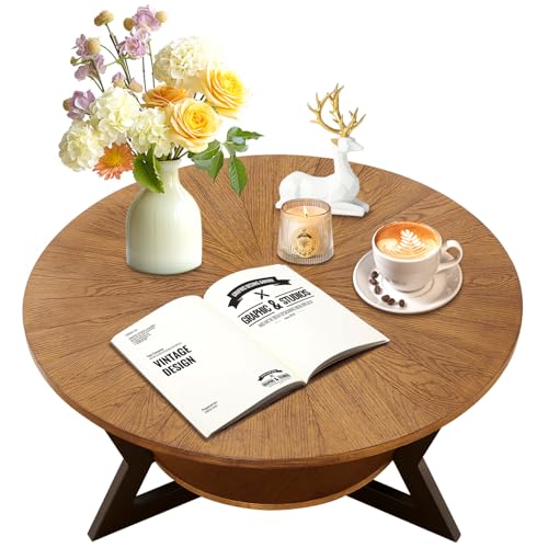 Round Wood Coffee Table with Storage Rack, 35 x 35 x 17 in M3140