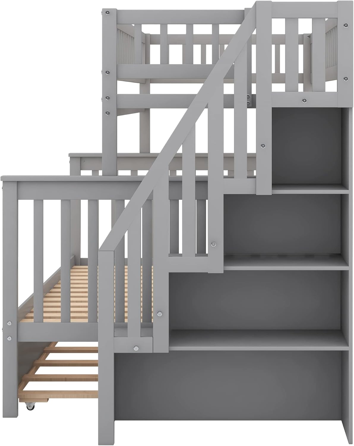 Gray Wood Twin Over Full Bunk Bed Frame with Trundle I225