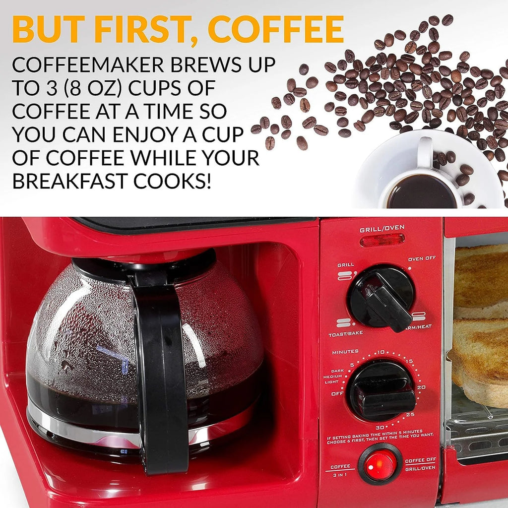 Red 3-in-1 Breakfast Station with Coffee Maker, Non-Stick Griddle, and 4-Slice Toaster Oven W9844
