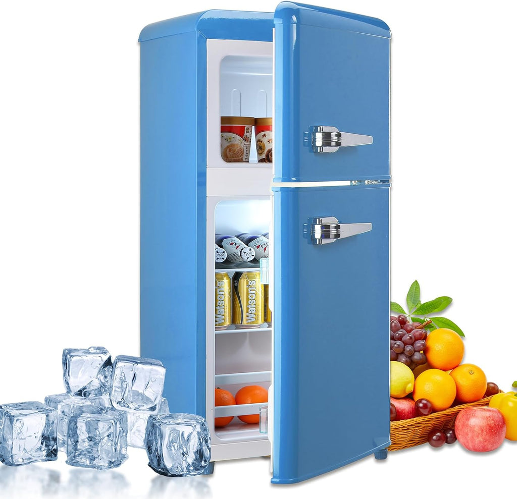 Compact Refrigerator Double Door Mini Fridge with Freezer, 3.5 Cu.ft, Blue Y168