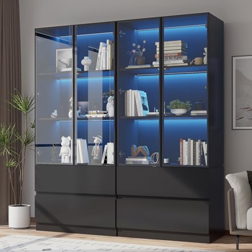 Glass Display Cabinet with LED Lights, 3-Tier Shelves and 2 Drawers X216489