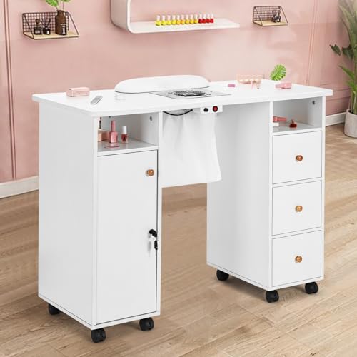 White Manicure Table with Storage Drawers and Lockable Wheels Q733512