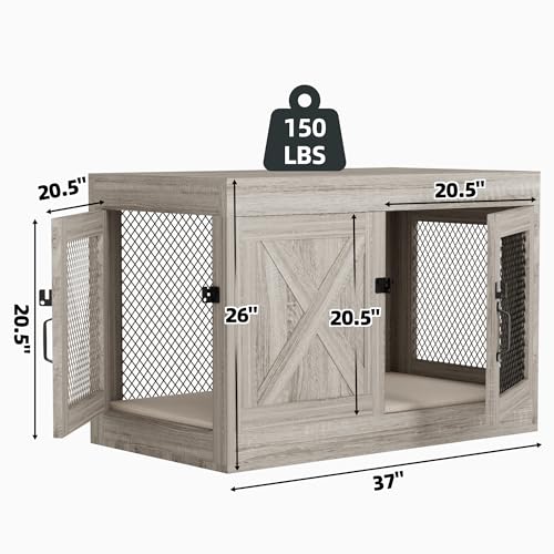 Grey 36 Inch Wooden Dog Crate with Double Doors M272862