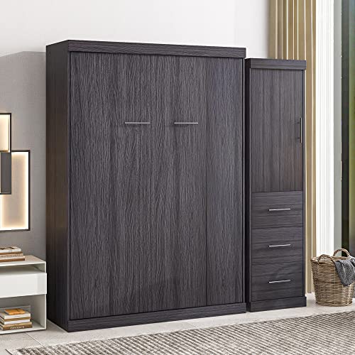 White Wooden Queen Size Murphy Bed with Shelf D657854