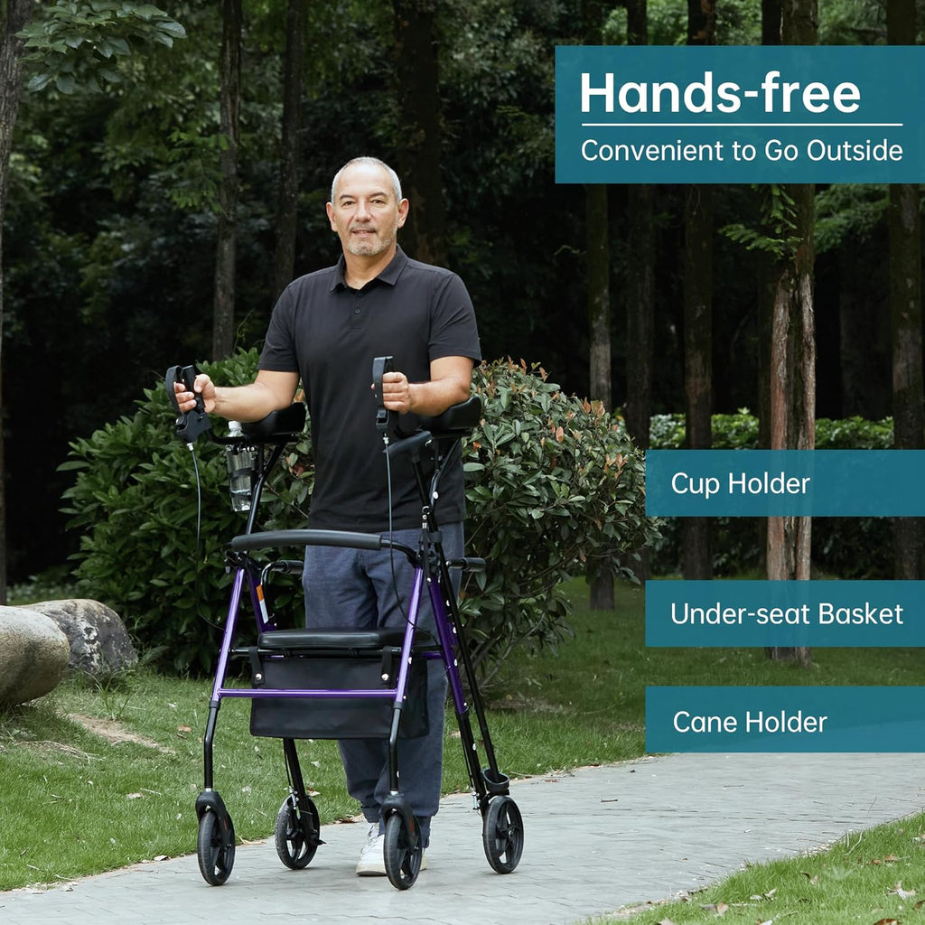 Purple Upright Rollator Walker with Padded Seat and Backrest Y5178