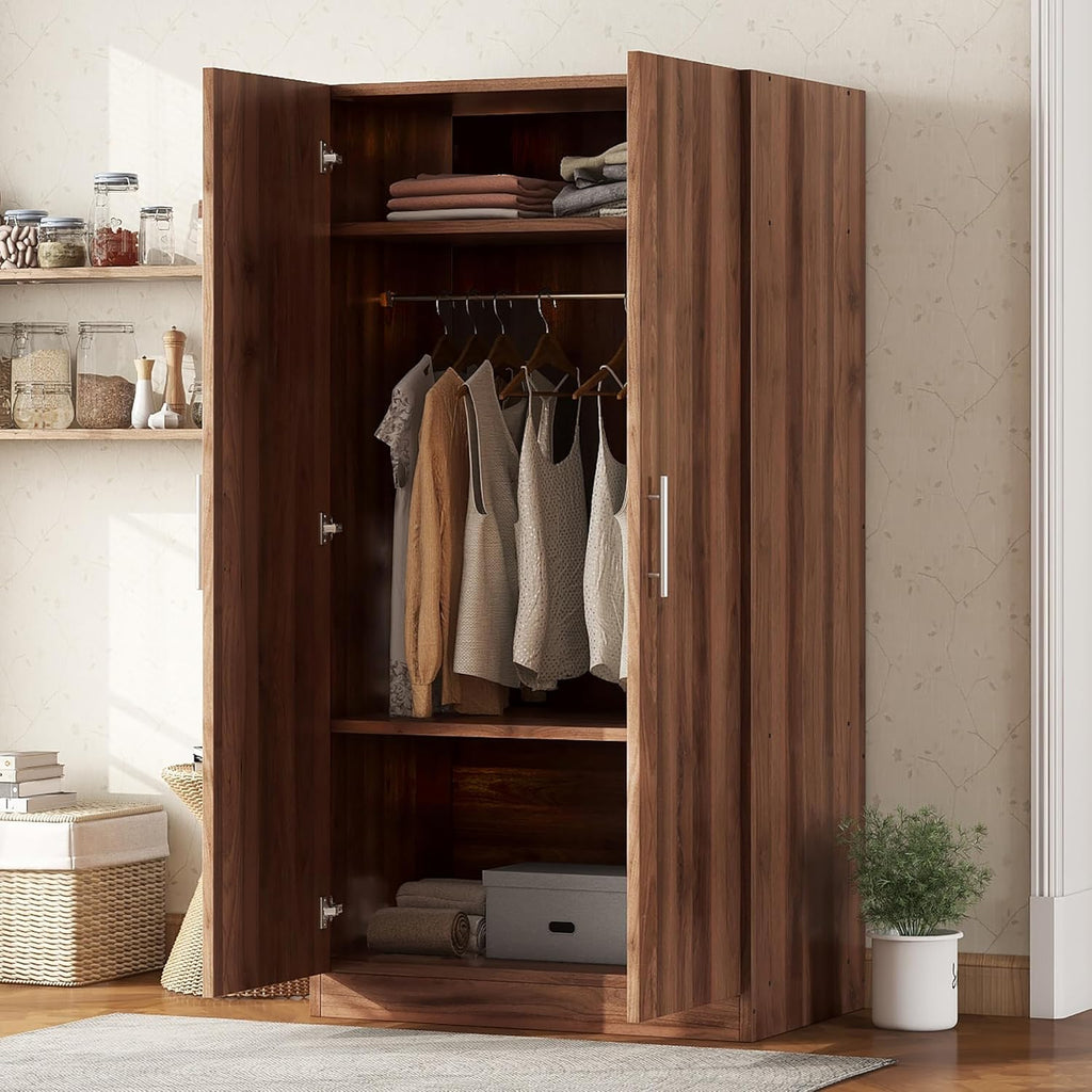 2-Door Wooden Wardrobe Armoire with 3 Adjustable Shelves and Hanging Rod, Brown I937274