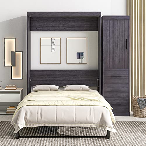 White Wooden Queen Size Murphy Bed with Shelf D657854