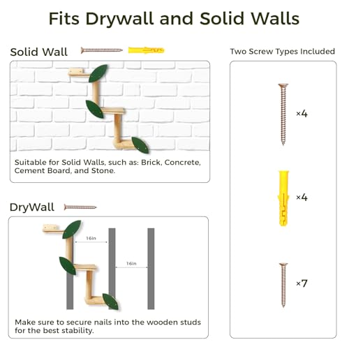 Cat Wall Shelves with Leaves, 2 Platform, Rubber Wood Wall Perch with Mat, Bridge J229356