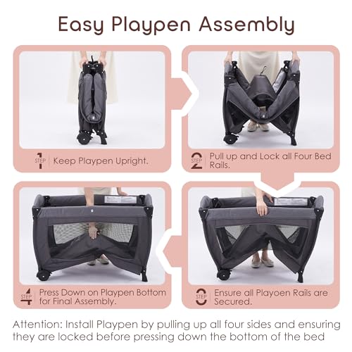 Grey Foldable Playpen with Bassinet, Mattress, Changing Table G505114