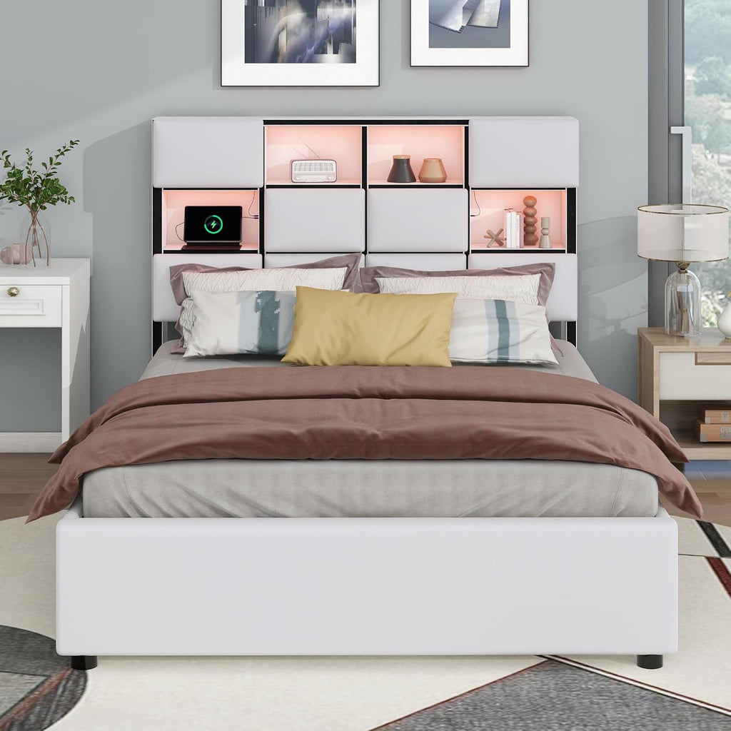 Beige Full Size Upholstered Platform Bed with Storage Headboard S570