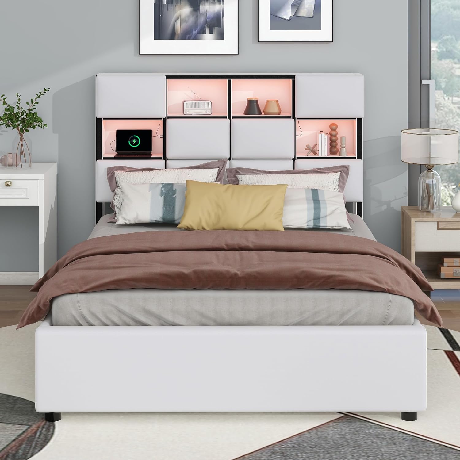 Beige Full Size Upholstered Platform Bed with Storage Headboard S570