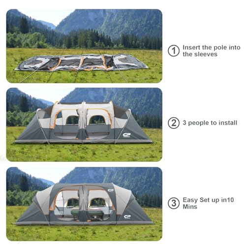 12-Person 3 Room Waterproof Windproof Family Tent with Carry Bag M836