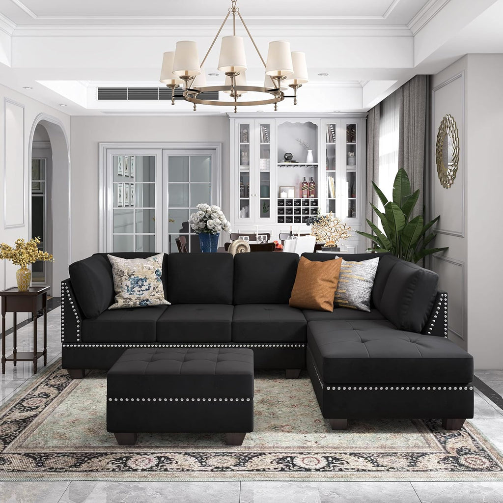 Reversible Sectional Sofa with Storage and Chaise Lounge Couch, Wooden Frame L-Shaped Corner Sofa Set with Ottoman, Black Z21357