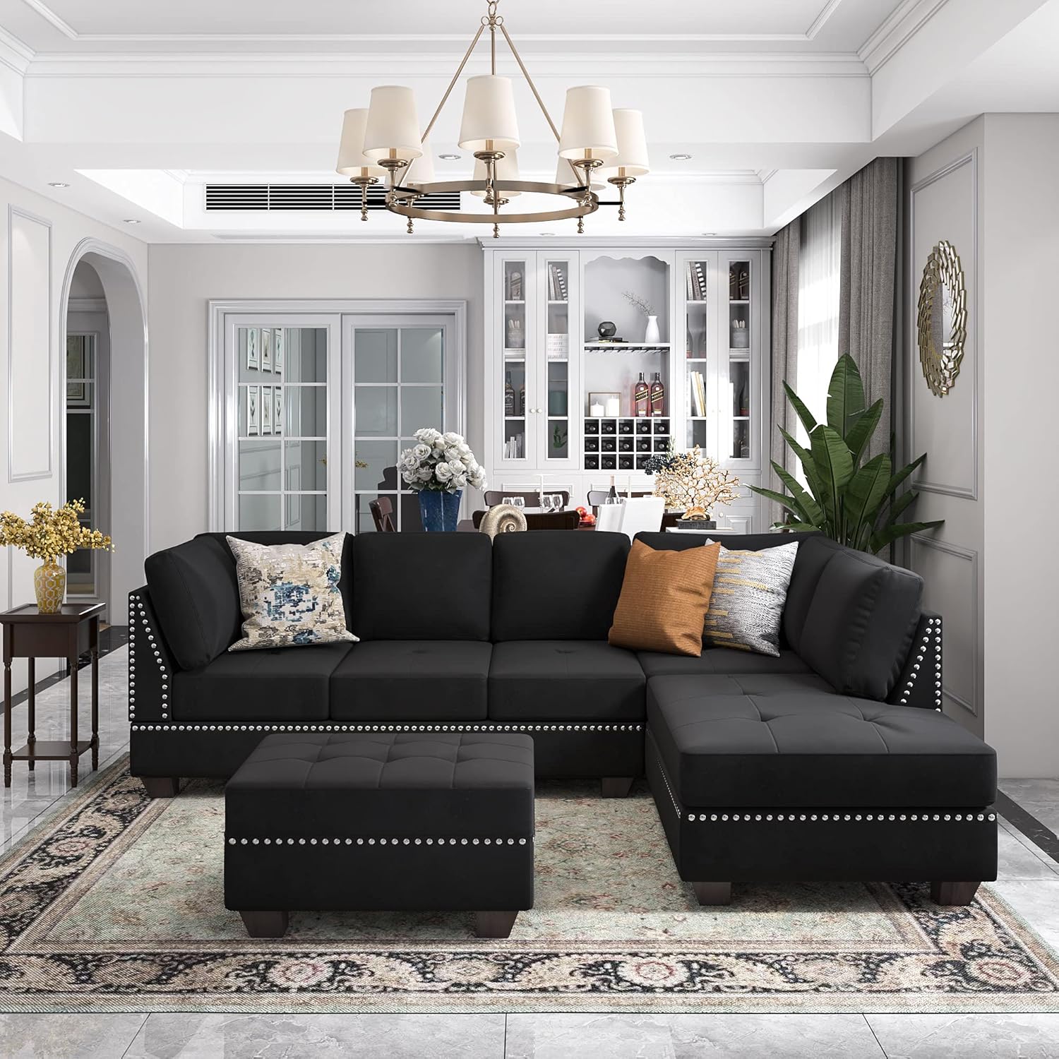 Reversible Sectional Sofa with Storage and Chaise Lounge Couch, Wooden Frame L-Shaped Corner Sofa Set with Ottoman, Black Z21357