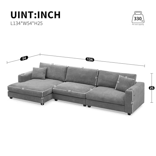 Beige Oversized Corduroy L Shaped Sectional Sofa with Chaise F576761