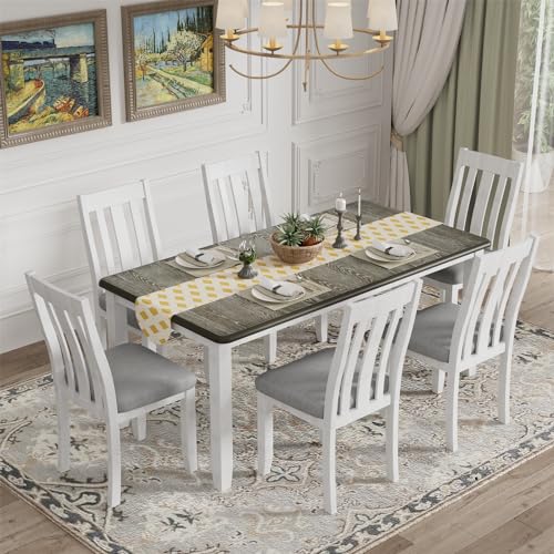 7 Pieces Dining Table Set with 6 Upholstered Chairs and Extendable Tabletop, Solid Wood X21945