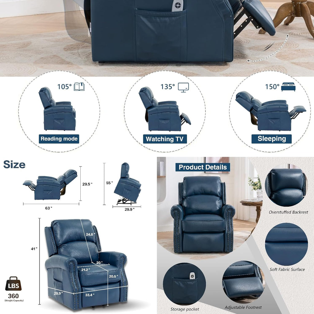 Navy Blue Faux Leather Power Lift Recliner Chair L397