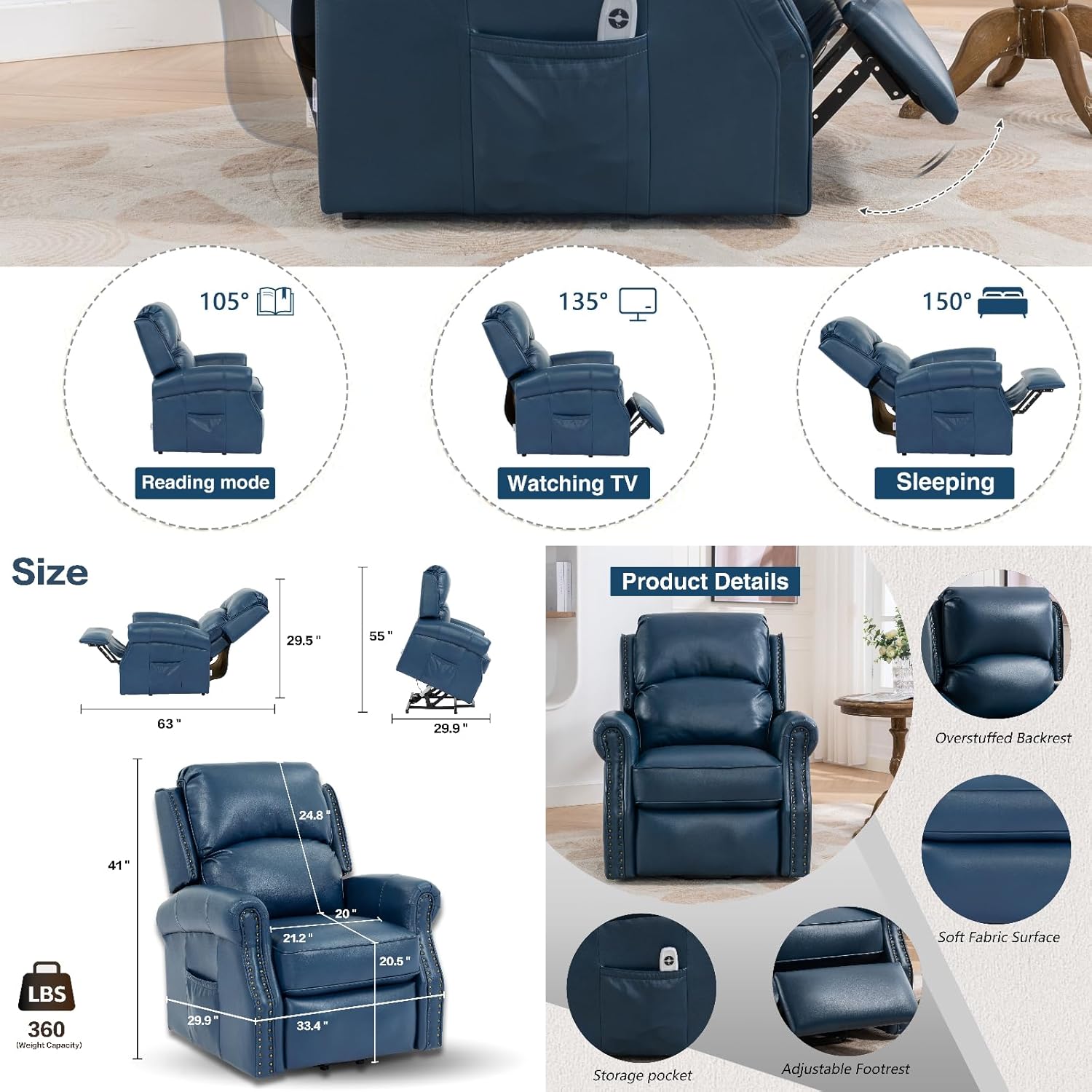 Navy Blue Faux Leather Power Lift Recliner Chair L397