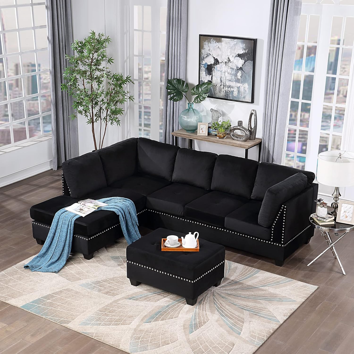 Reversible Sectional Sofa with Storage and Chaise Lounge Couch, Wooden Frame L-Shaped Corner Sofa Set with Ottoman, Black Z21357
