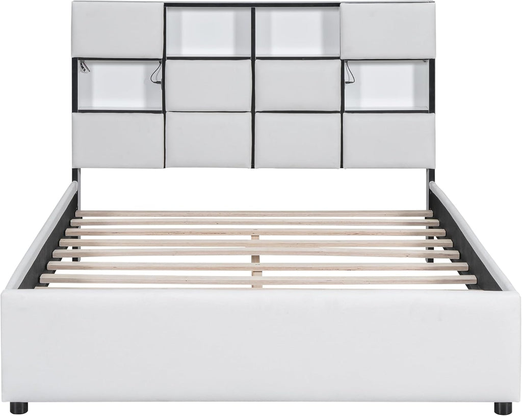 Beige Full Size Upholstered Platform Bed with Storage Headboard S570