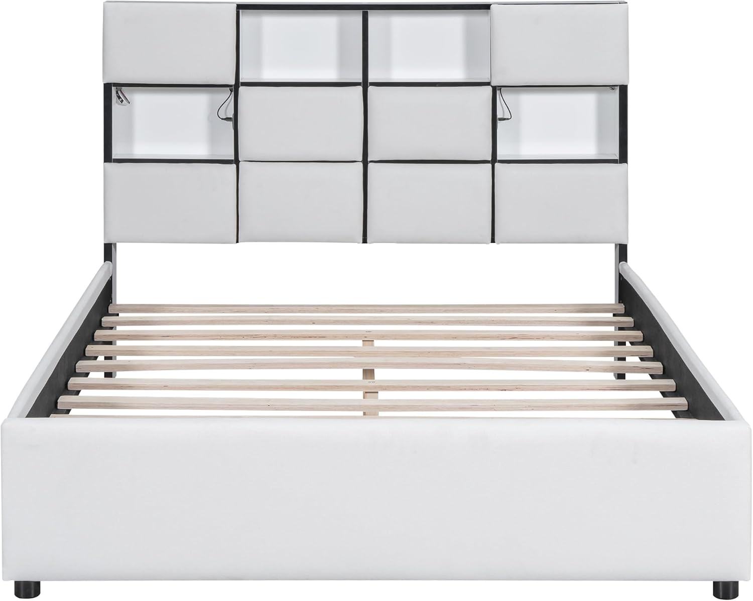 Beige Full Size Upholstered Platform Bed with Storage Headboard S570
