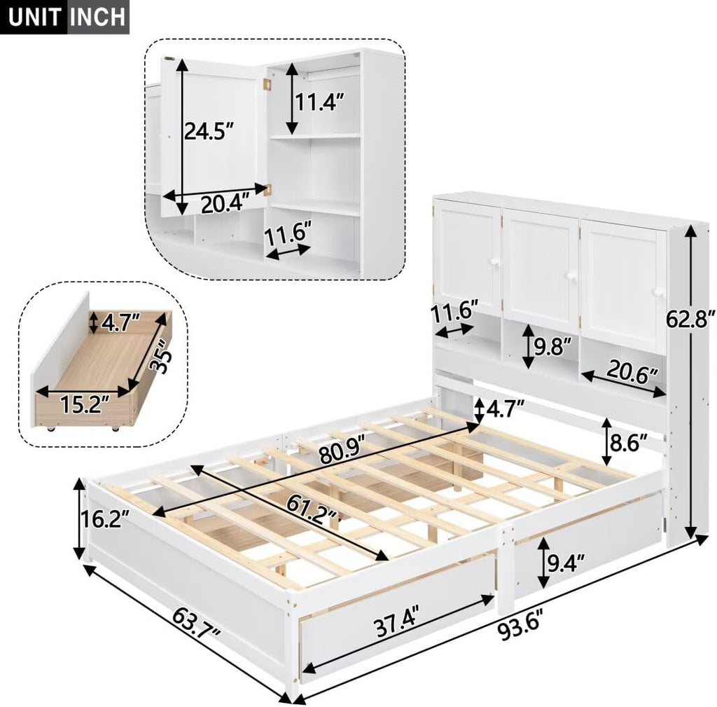 Queen Size Platform Bed with 4 Storage Drawers & Bookcase Headboard, White N13470
