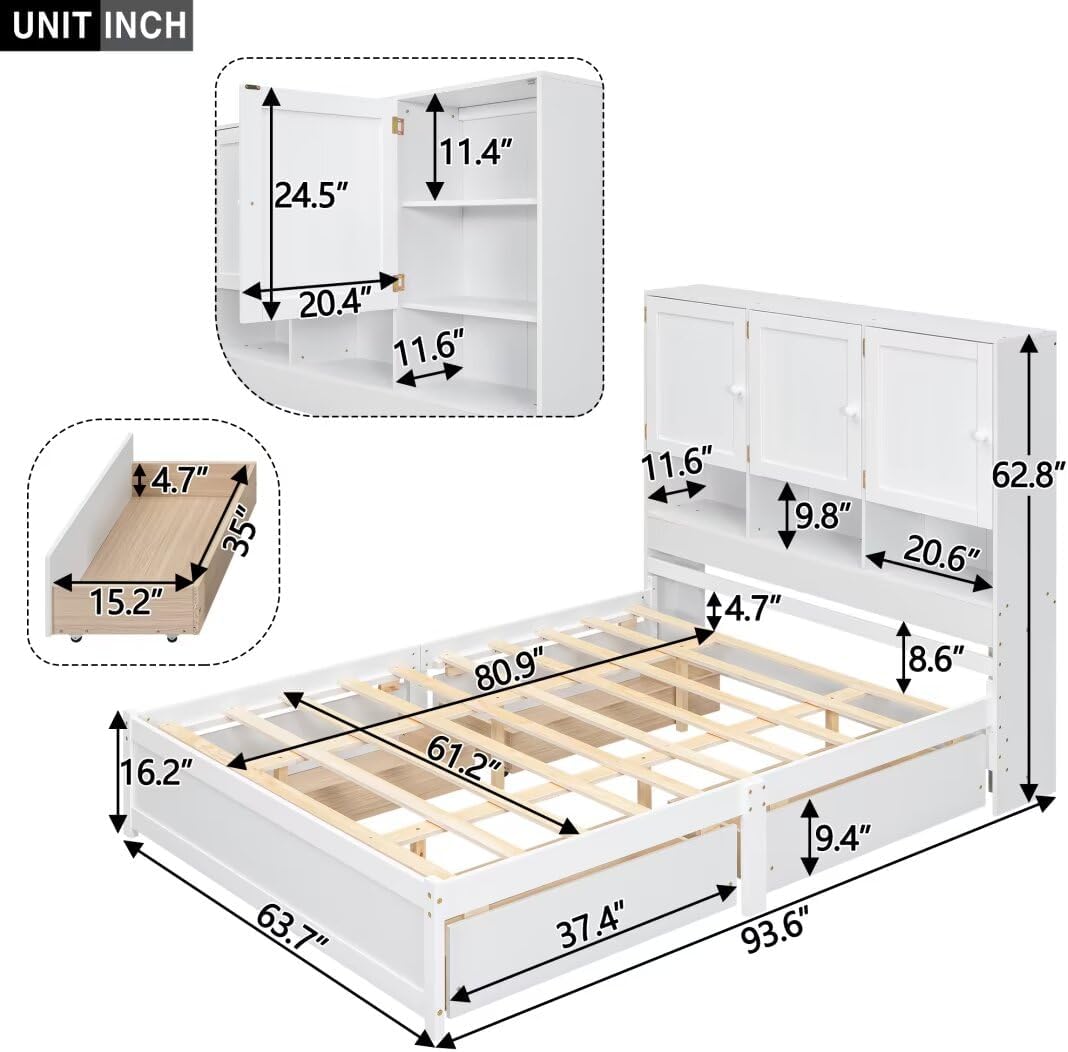 Queen Size Platform Bed with 4 Storage Drawers & Bookcase Headboard, White N13470