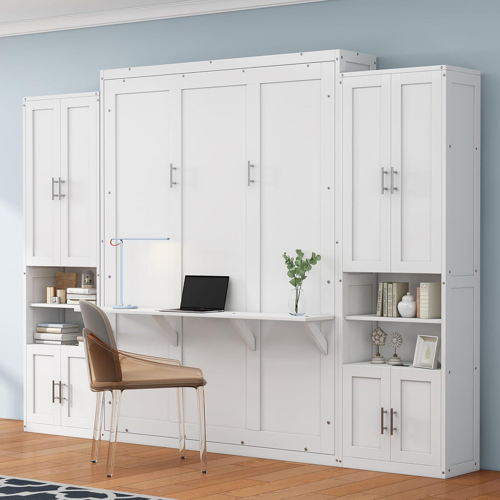 White Queen Size Folding Wall Bed with Desk C123086